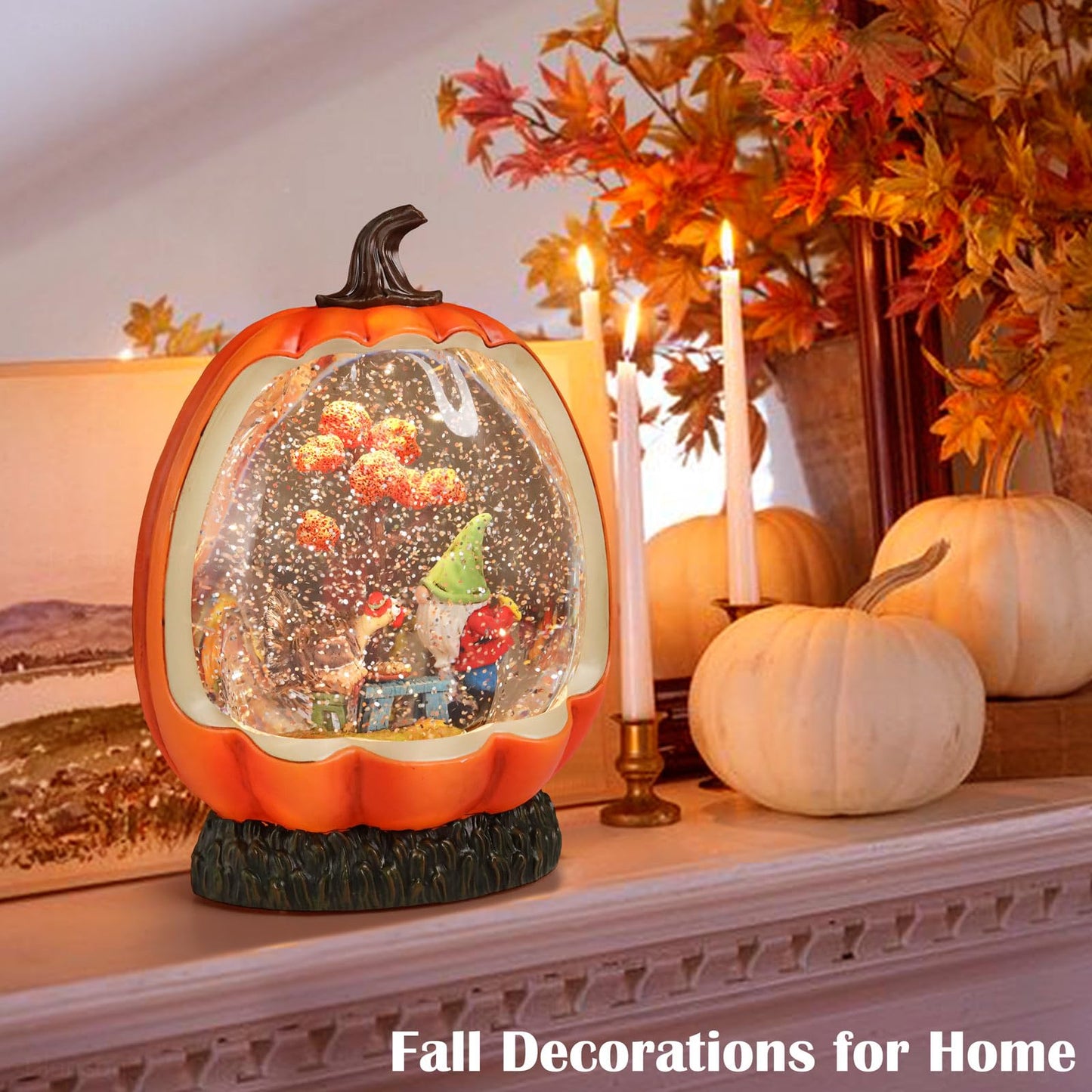 Blansong Fall Snow Globe Pumpkin Fall Decorations for Home Gnome Turkey Swirling Glitter Timer Thanksgiving Gift Autumn Harvest Fall Decor