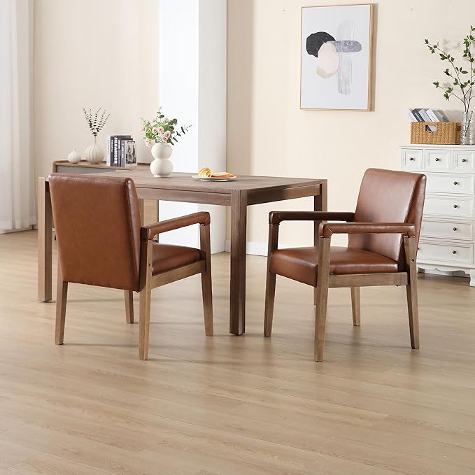 DM Furniture Mid Century Modern Dining Chairs Set of 2 Faux Leather Upholstered Accent Chairs Comfy Kitchen Chairs with Solid Wood Frame Armchair for Living Room, Brown
