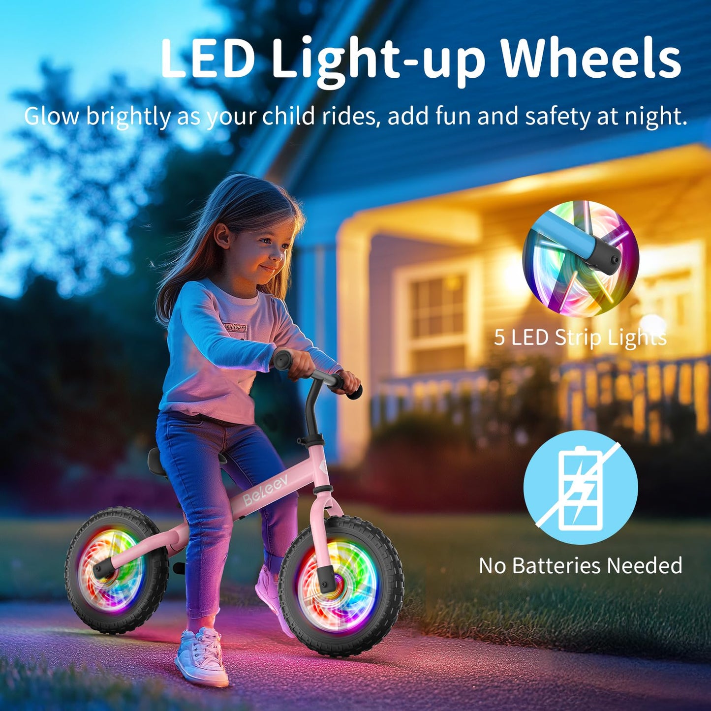 BELEEV C2 Toddler Balance Bike for 2-5 Year Olds with LED Light-Up Wheels, Adjustable Seat & Handlebar & Footrest, 12 inch No-Pedal Training Kids Push Bicycle - Birthday Gift for Boys & Girls (Pink)