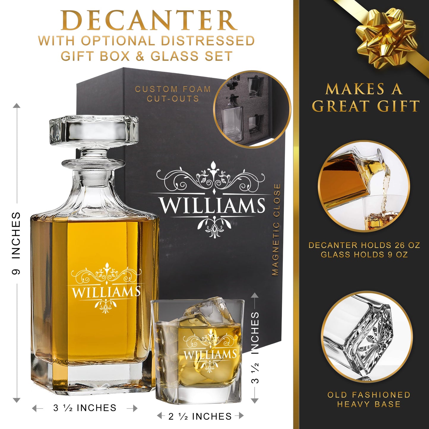 The Wedding Party Store, Personalized Whiskey Decanter and 2 Glasses Set - Custom Engraved with WPS Design
