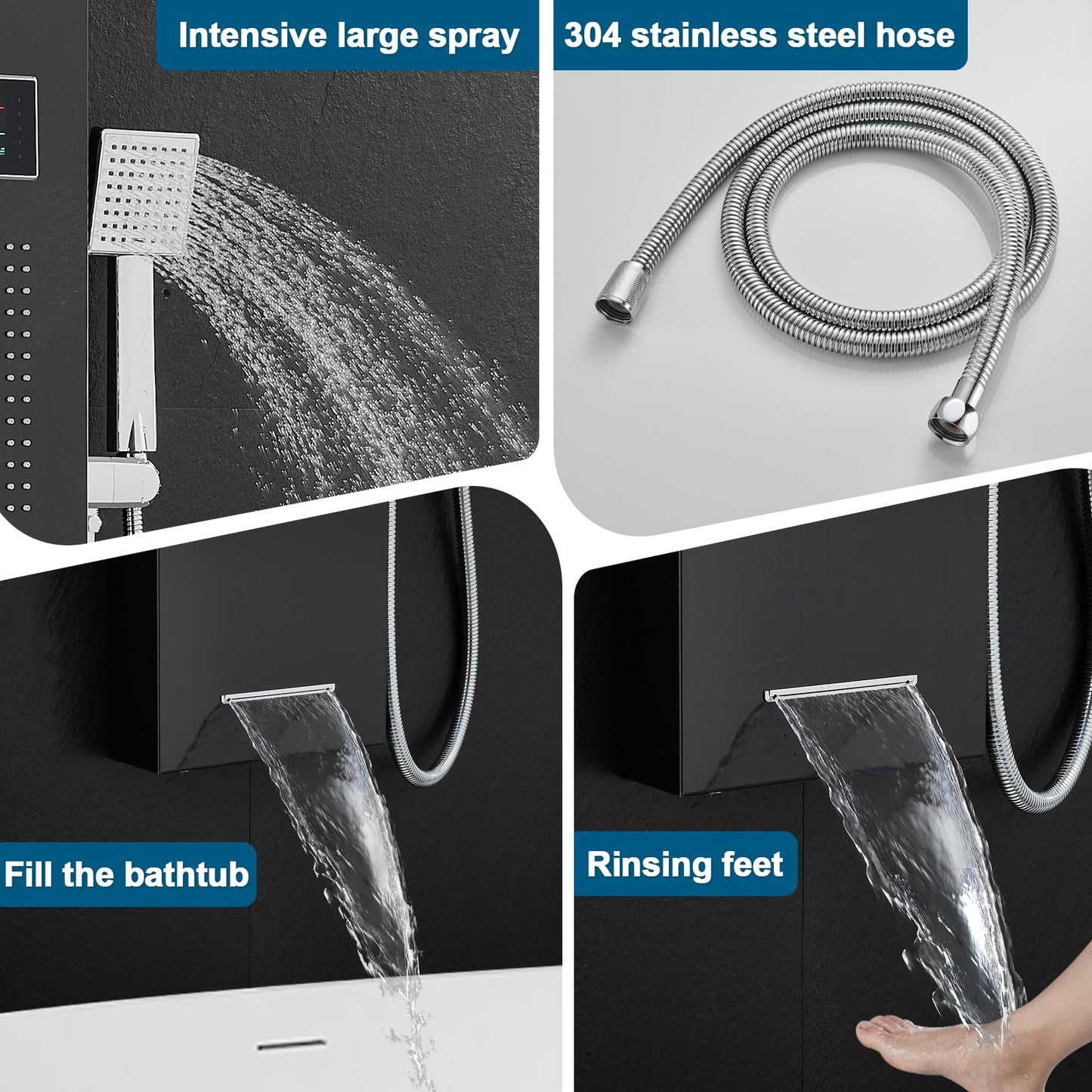 ROVOGO Led Shower Panel Tower System with Mist Rainfall Shower, Body Jets, Handheld and Tub Spout, Hydroelectric Led Lights and Temp Display No Battery Needed, Simultaneous Shower Column Black