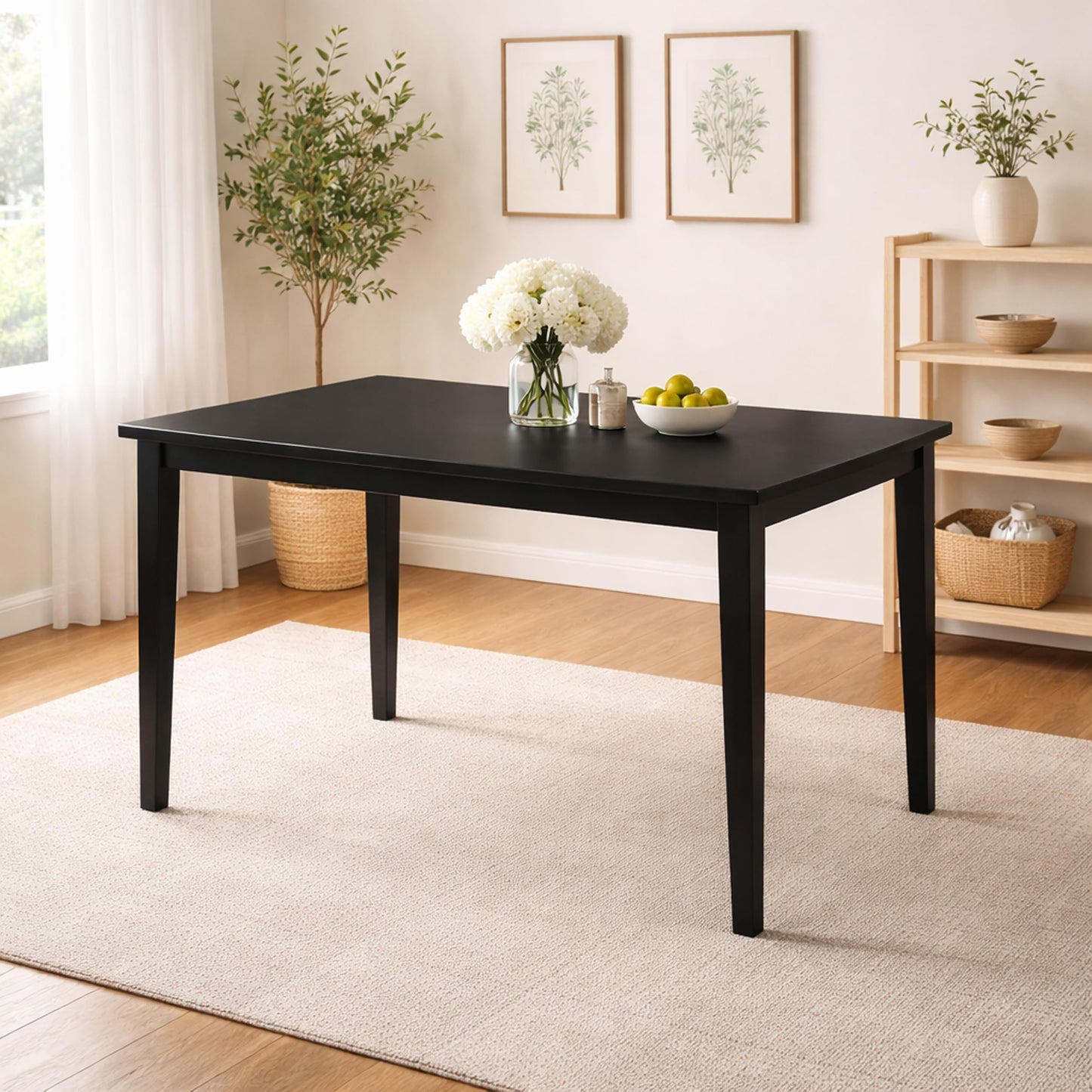 Modern 43.3 Inch Rectangular Dining Table, Black Finish Solid Rubberwood