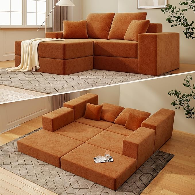Cloud Modular Sectional Sofa, Comfy Boneless Couch for Living Room, Modern L-Shaped Couch with Reversible Chaise, Customizable Sleeper Sofa with Non Slip, No Assembly & Deep Seat, Orange
