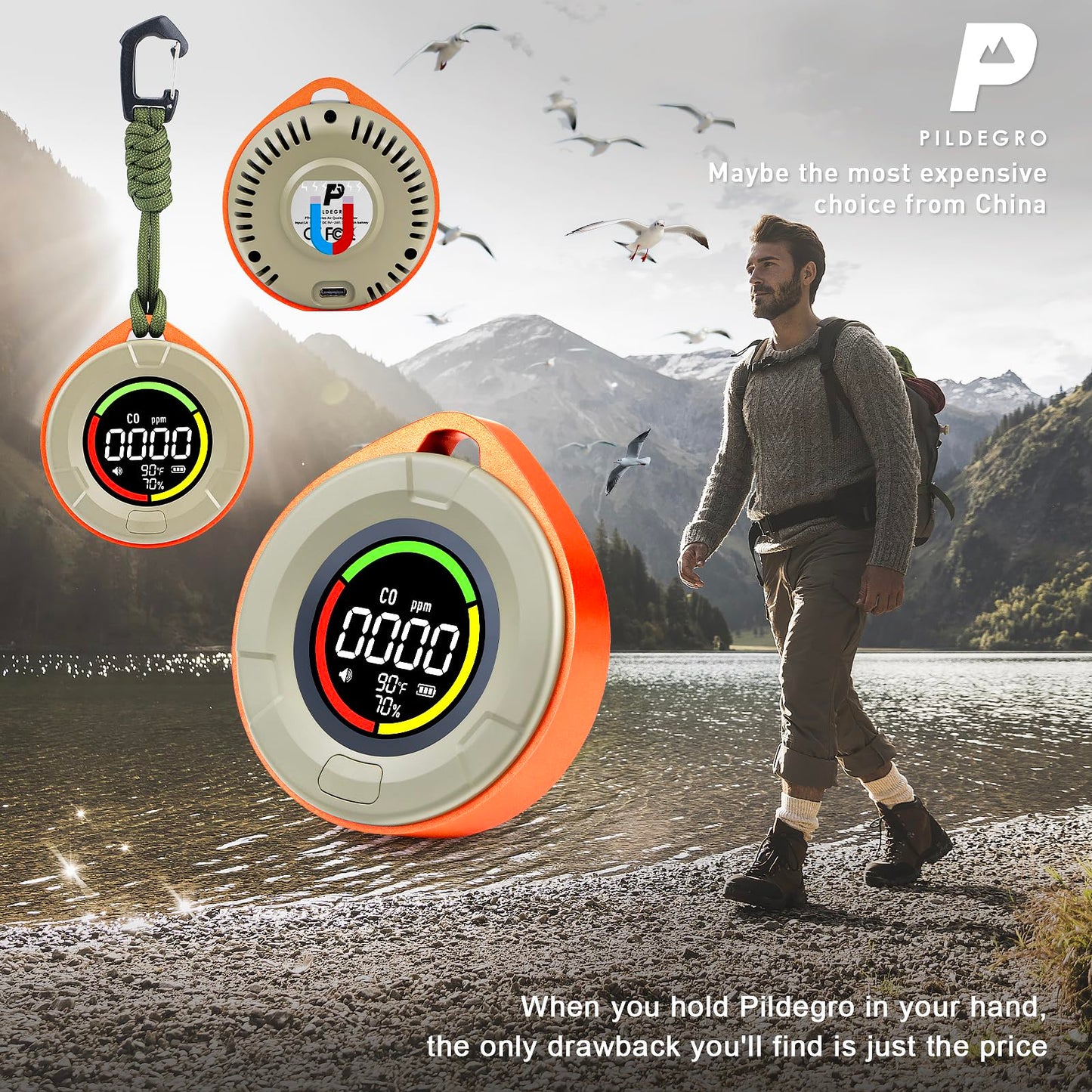 Pildegro 3-in-1 Portable Carbon Monoxide Detector, Professional Rechargeable Real-Time Travel CO Monitor 140HR Standby, Premium Reliable CO Detector with Loud Alarm for Air Safety (Orange/Passion)