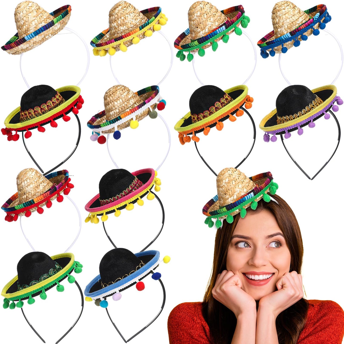 Mumufy 12 Pcs Cinco De Mayo Sombrero Headband Hats Bulk Mini Hat Headband with Fiesta Fabric Mexican Theme Decorations (Pastoral)