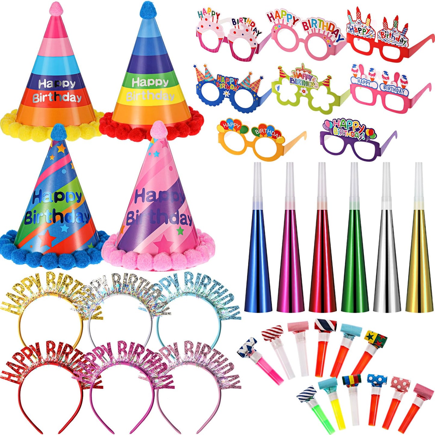 Sratte 36 Pcs Birthday Party Favors Set, Happy Birthday Hat Headband Glasses Noise Makers Party Horns for Adults Kids(Rainbow Style)