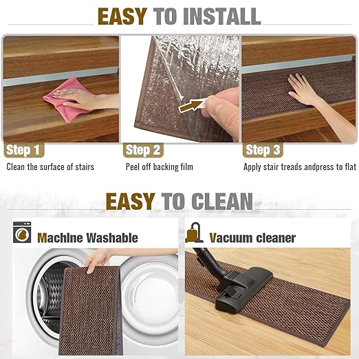 Stair Treads Non Slip for Wooden Steps Indoor 10" x 30" 8 Pack Extra Wide Stair Tread Carpet Stairs Runner, Step Pads with Reusable Adhesive for Dogs Kids Elders, Machine Washable, Brown