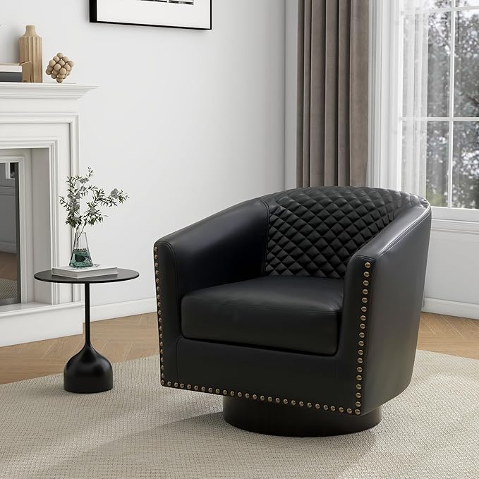 UIXE Swivel Accent Chairs Set of 4, PU Leather Barrel Club Chair for Living Room, Upholstered Round Armchair Comfy Single Sofa Bedroom Reading Seat - Beige Cream