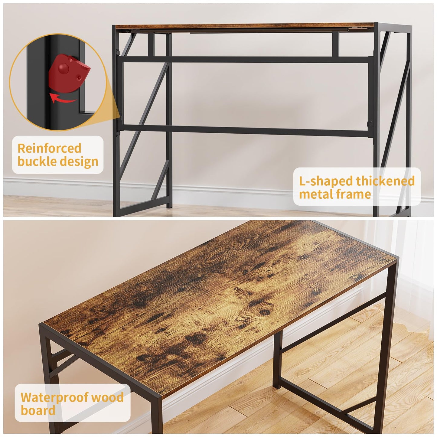 Elephance Folding Desk Writing Computer Desk for Home Office, No-Assembly Study Office Desk Foldable Table for Small Spaces