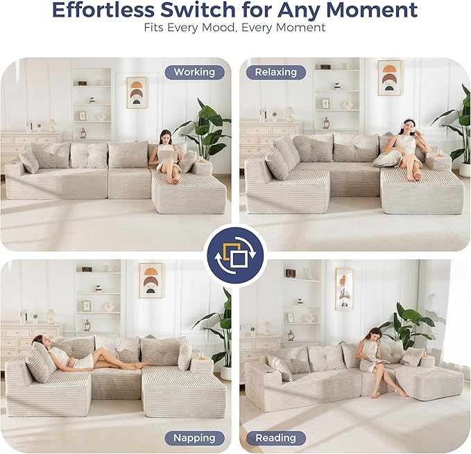 MAXYOYO 132" Oversize Modular Sectional Couch with L-Shape Chaise, Modern Boneless Couch for Living Room, Sofa in A Box, Oversized Sofa Sleeper with Deep Seat, No Assembly Required, Grayish Beige