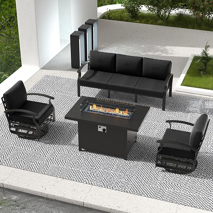 RTDTD Aluminum Outdoor Patio Furniture Set,4 Pieces 5 Seats Patio Conversation Sets with 45" Propane Fire Pit Table,Metal Patio Sectional Furniture Set with 2 Swivel Rocking Chairs,Black