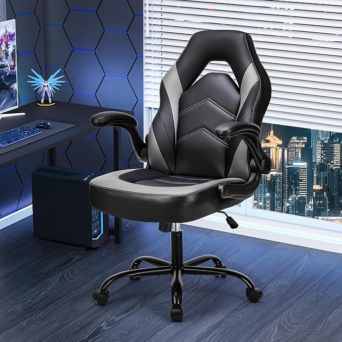 NEWBULIG Computer Gaming Desk Chair - Big Tall Ergonomic Lumbar Support with Flip-up Armrest and 360° Swivel Wheels, PU Le...