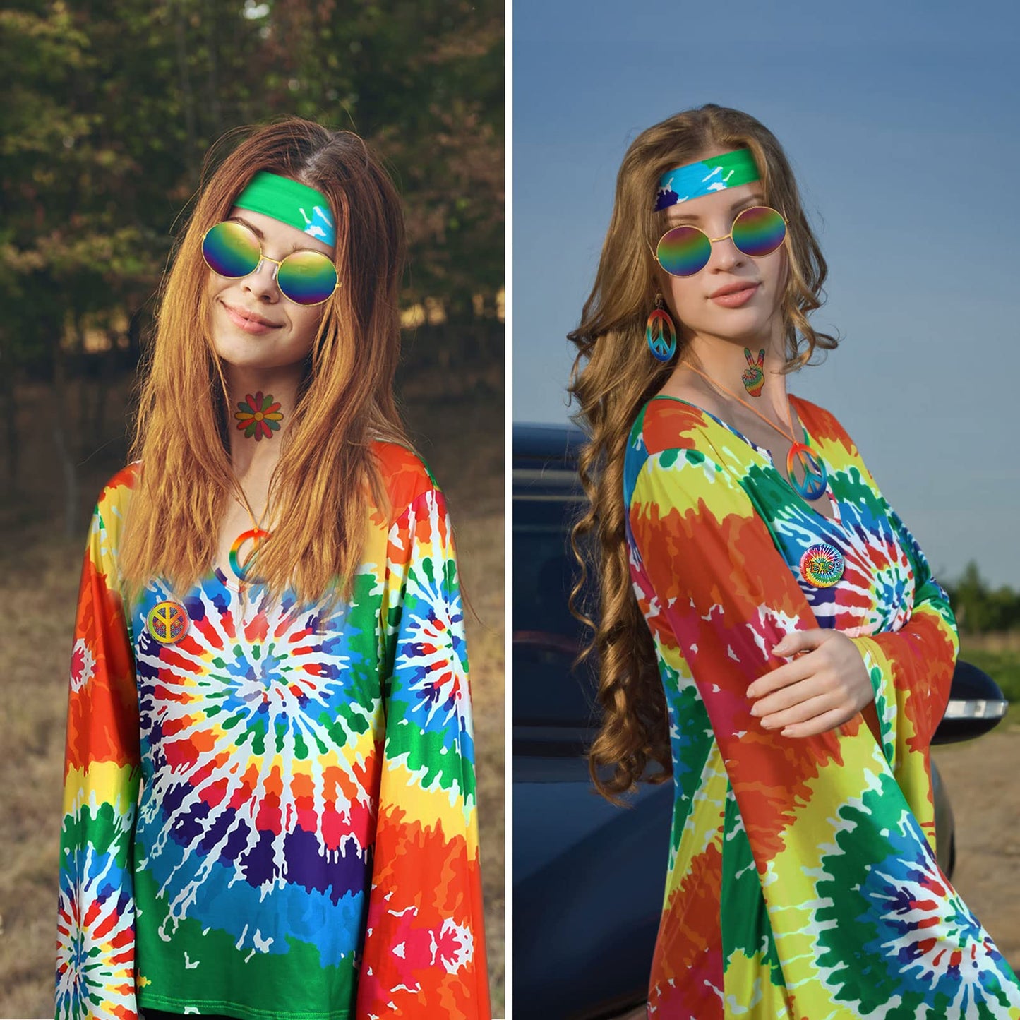 Jiuguva 17pcs 60s 70s Outfits for Women Hippie Costume Set Disco Outfit (Rainbow,X-Large)
