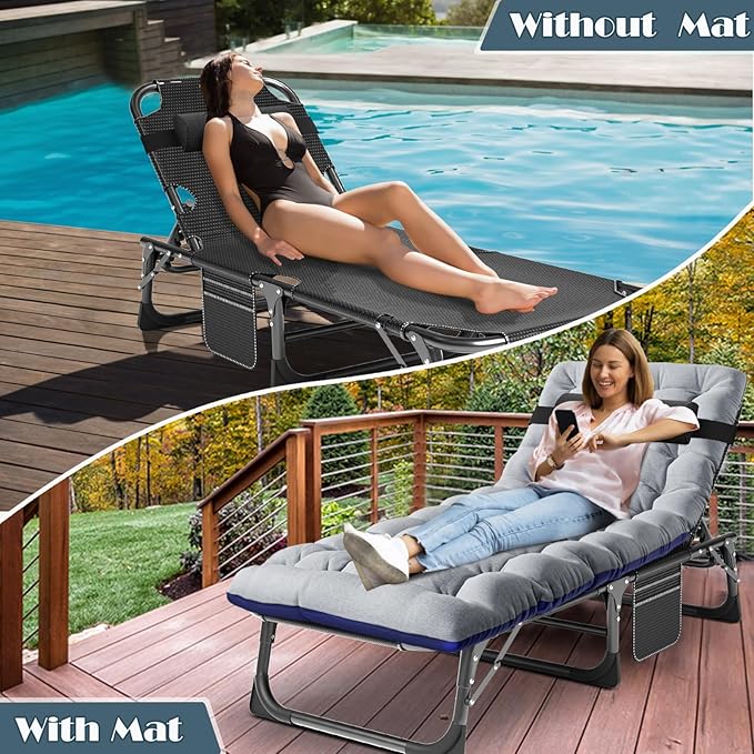 MOPHOTO Folding Chaise Lounge Chair 5-Position, Folding Cot, Heavy Duty Patio Chaise Lounges for Outside, Poolside, Beach, Lawn, Camping (Lounge Cot, Silver Azure)