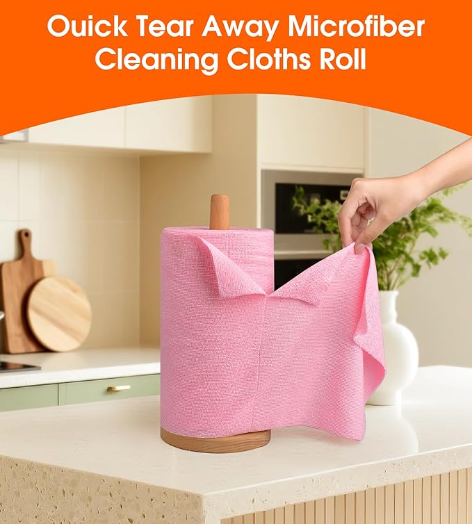 Microfiber Cleaning Cloth Roll–100 Pack, Tear Away Microfiber Towels, Reusable, Washable, Scratch-Free, Kitchen Towels for Car, Home, Kitchen, Glass, Dishes(Pink)