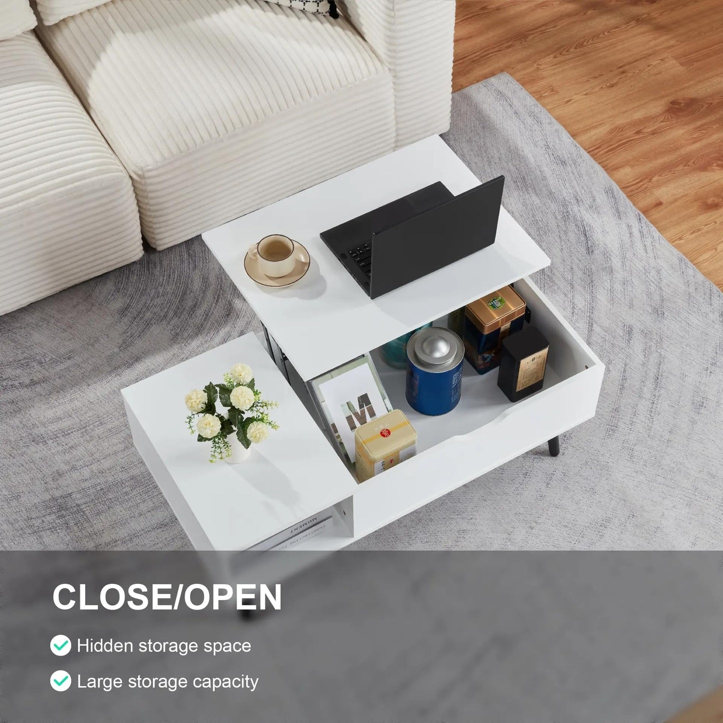 SANODESK 39" Wood Lift Top Coffee Table with Hidden Compartment and Storage Shelf for Living Room, Reception Room, White