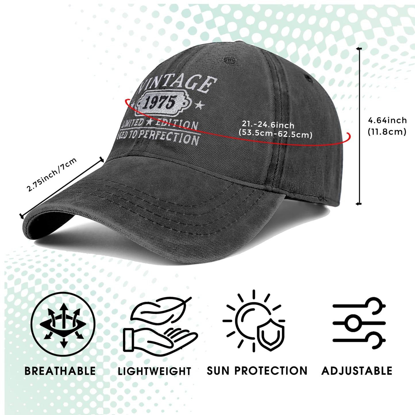 50th Birthday Gifts for Her Him Vintage 1975 Embroidered Black Baseball Cap Women Men (Black)