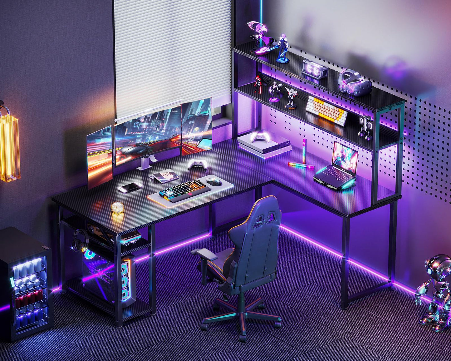 ODK 53" L Shaped Gaming Desk with Hutch & Headphone Hook, Corner Computer Table with Storage Shelves for Home Office, Black