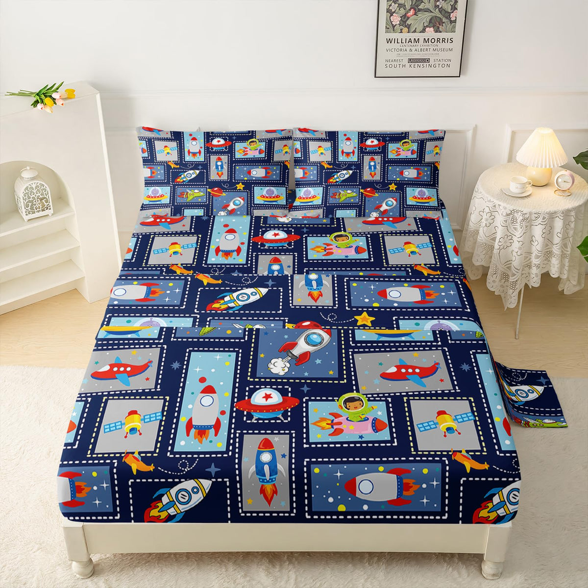 QOOMO Space Rocket Printed Kids Full Bed Set - Cartoon Square Bedroom Decor, Blue Microfiber Breathable 4-Piece Sheet Set With 1 Fitted Sheet, 1 Flat Sheet, 2 Pillow Cases