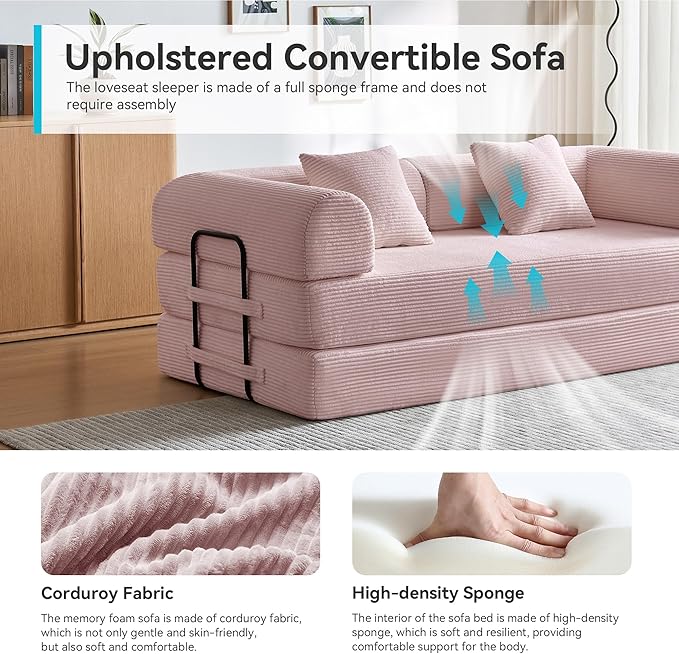 ZQRhome 79" 5-in-1 Convertible Sofa Bed, Luxe Sleeper with Reinforced Frame & Plush Support, No Assembly Corduroy Couch for Lounge, Bedroom & Dorm, Pink