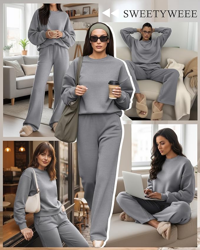 Sweetyweee Women's 2 Piece Outfits Set Fleece Lined Lounge Sweatsuit Crewneck Pullover Top Wide Leg Pants Casual Tracksuit