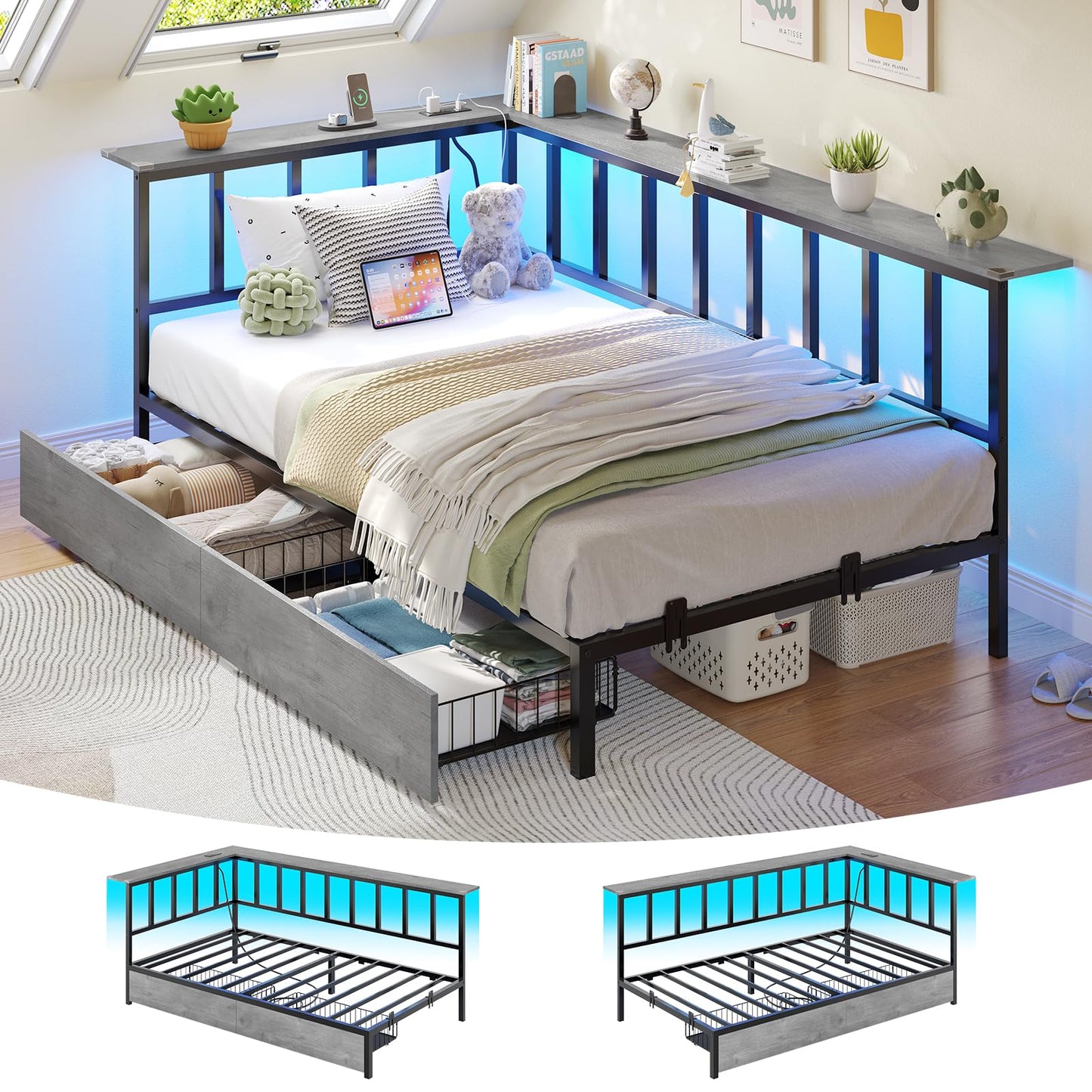 Hasuit Twin Corner Bed Frame with 2 Storage Drawers, Modern Twin Daybed with Charging Station and LED Lights for Kids Teenagers, Metal Platform Bed Frame for Bedroom, Living Room, Guest Room, Oak Gray