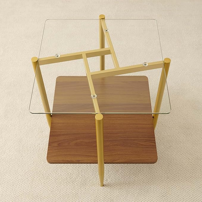 Pine Flicker Square Glass End Table, Mid-Century Modern Sofa Table, L20*W20*H23 inch for Living Room, 2-Tier Structure, Clear Glass Top and Walnut MDF Shelf, Sleek Conical Metal Legs with Gold Finish