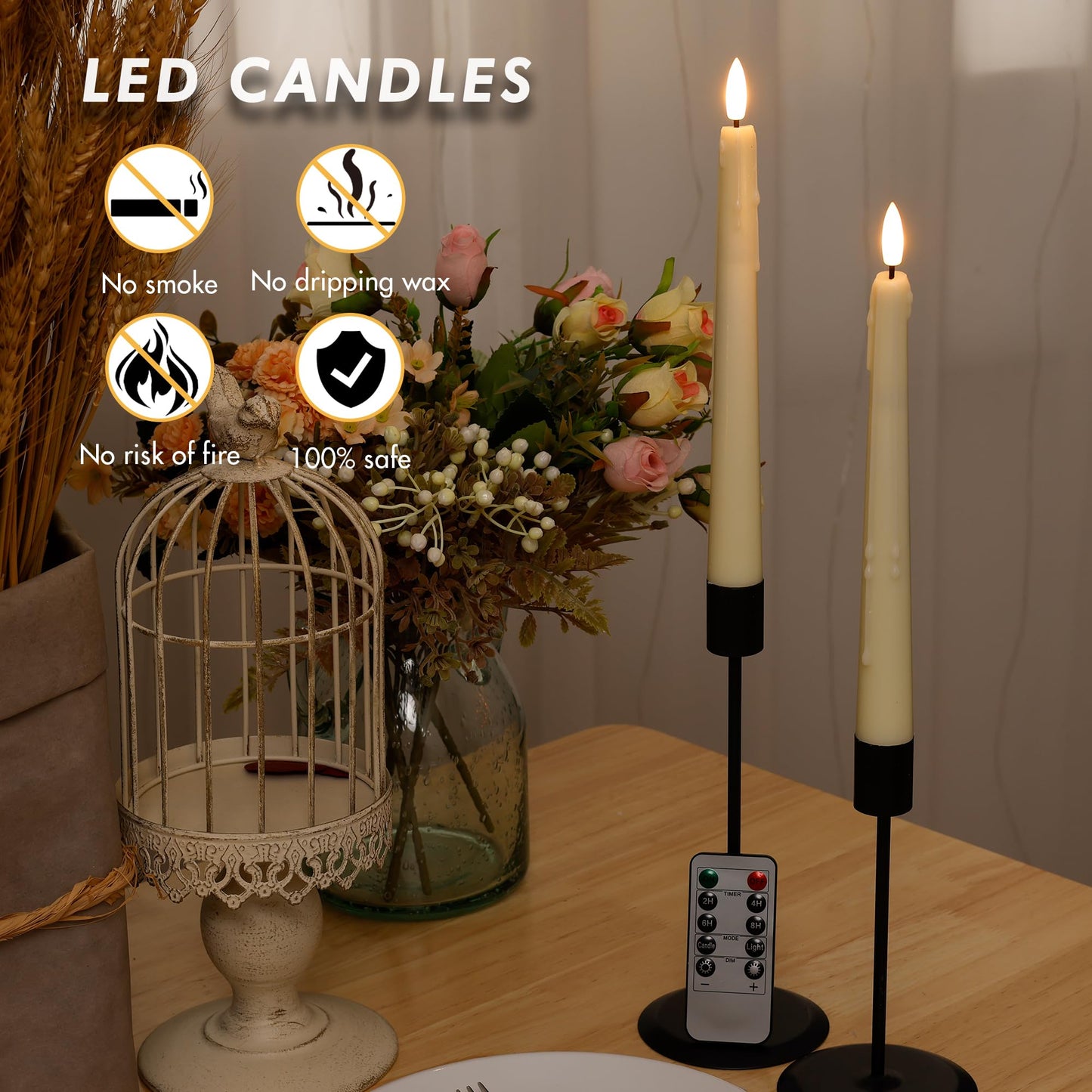 AFINETH Flameless Taper Candles with Rmote, 9.6" Dripless Battery Operated Candles, 3 Pack Real Wax Led Candle Flickering Candlesticks with 3D Flame, Fake Candles for Home, Wedding, Party, Ivory