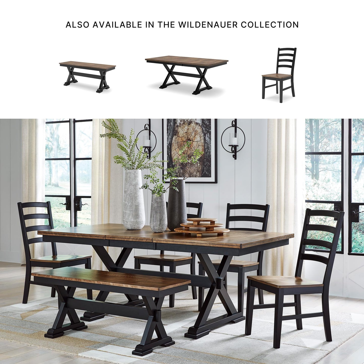 Signature Design by Ashley Wildenauer Farmhouse 50" Dining Bench, Dark Brown & Black