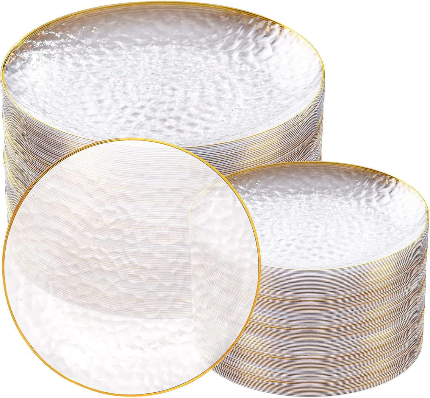 Rubtlamp 100Pcs Clear Gold Plastic Plates, Disposable Plates With Gold Rim, Heavy-duty Party Platos, Hammered Plastic Plates Include 50 Clear Dessert Platos, 50 Dinner Platos for Party