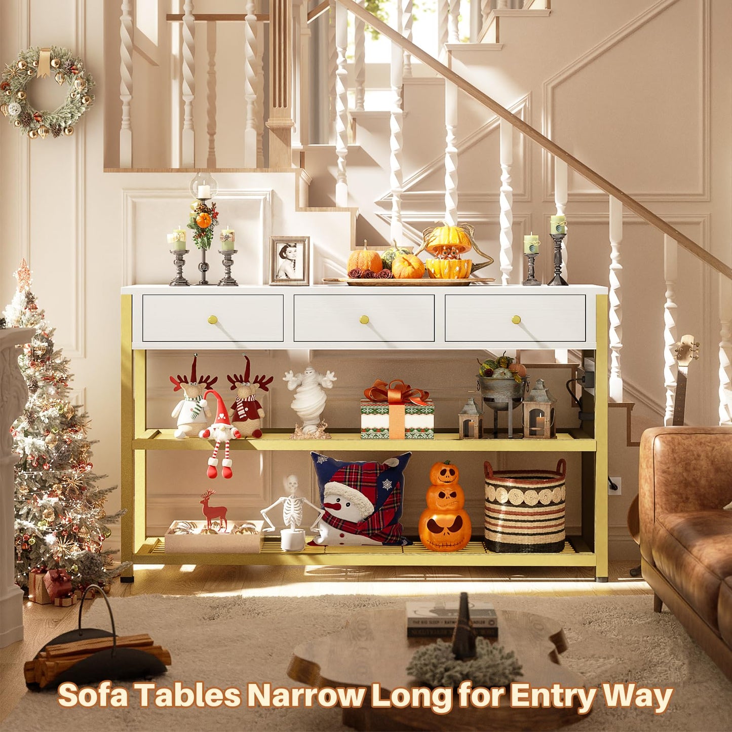 Ecoprsio 47'' Entryway Table with Outlets and USB Ports, Console Table with 3 Drawers, Sofa Table Narrow Long with Storage Shelves for Living Room, Couch, Hallway, Foyer, White and Golden