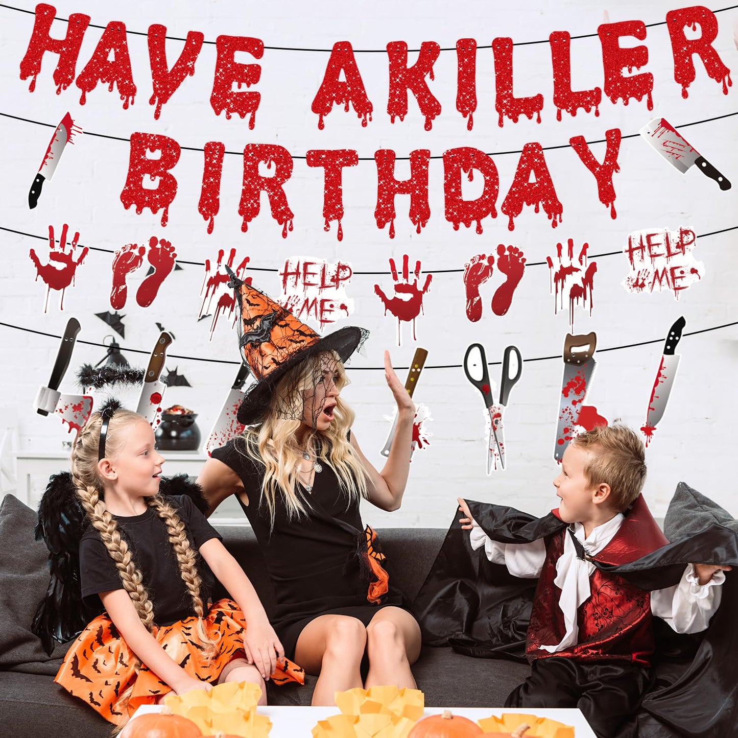 Gameza Halloween Birthday Party Decorations, 4PCS No-DIY Have a Killer Horror Birthday Banners Bloody Murder Supplies, Mystery Spooky Party Fake Knife Banners Decor