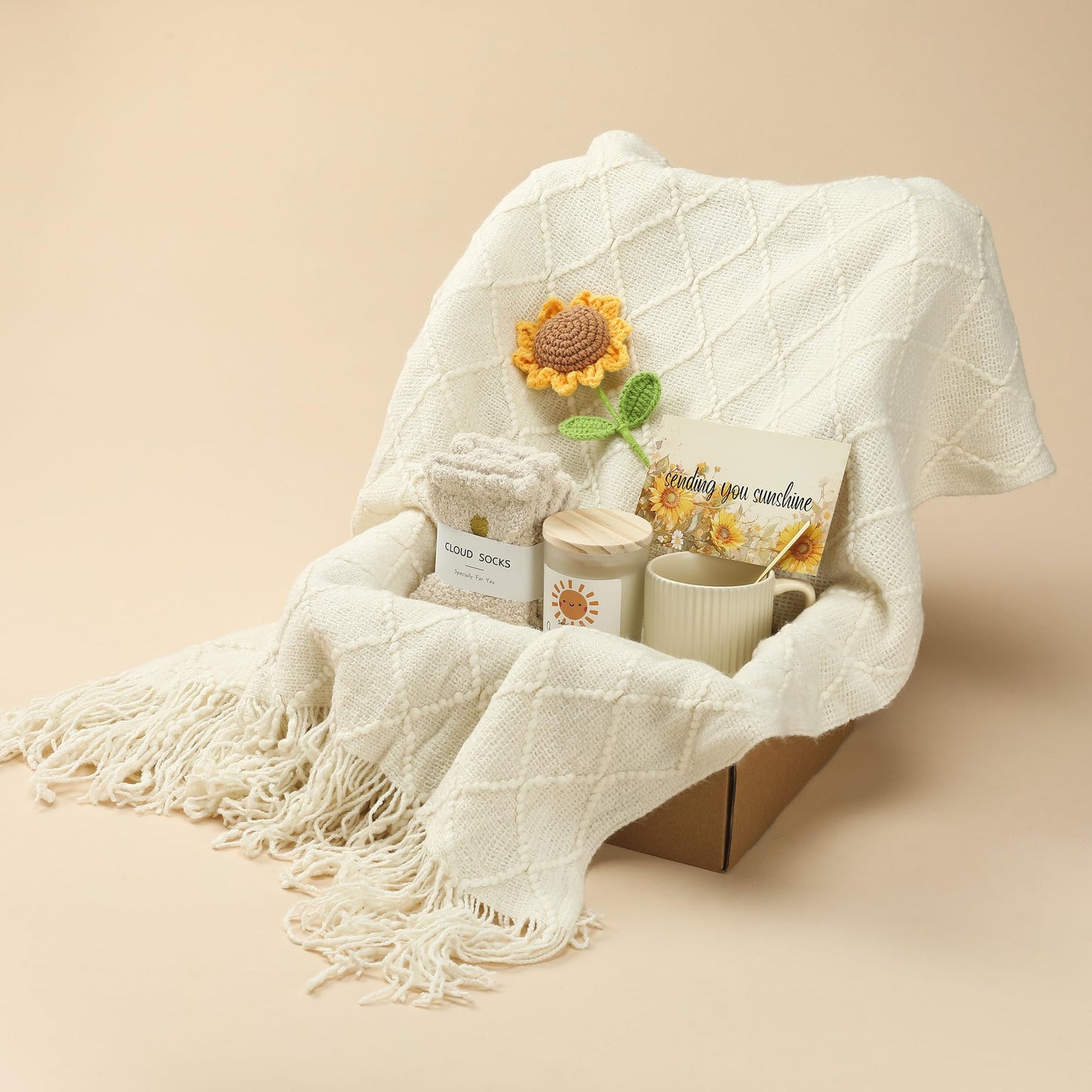 Self Care Gifts for Women - Luxury Package with 50"x70" Cozy Knitted Blanket, Fuzzy Socks, Soy Candle, Sunflower Decor | Birthday, Thinking of You, Get Well Gifts | Mom, Girlfriend, Best Friend