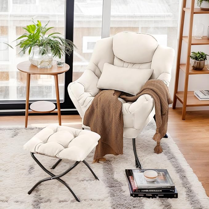 Furlide Lazy Chair with Ottoman, Comfy Fabric Accent Lounge Arm Chair with Lumbar Pillow and Folding Footrest, Reading Leisure Sofa Chair for Bedroom, Living Room, Dorm,Beige