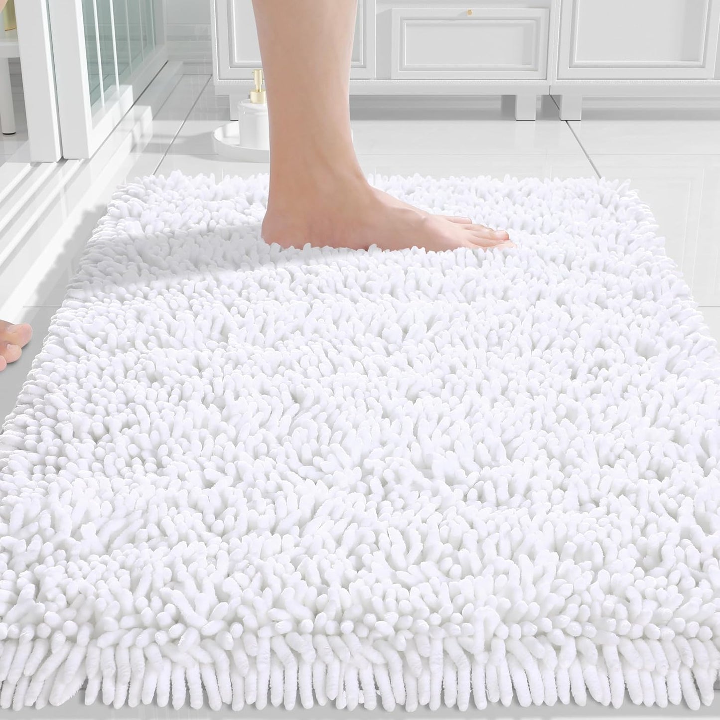 Yimobra Chenille Bathroom Rugs Non Slip, Extra Thick Soft Absorbent Bath Rug, Machine Washable Quick Dry Bath Mat for Bathroom Floor, Tub and Shower, Home Decor Accessories, 24x17, White