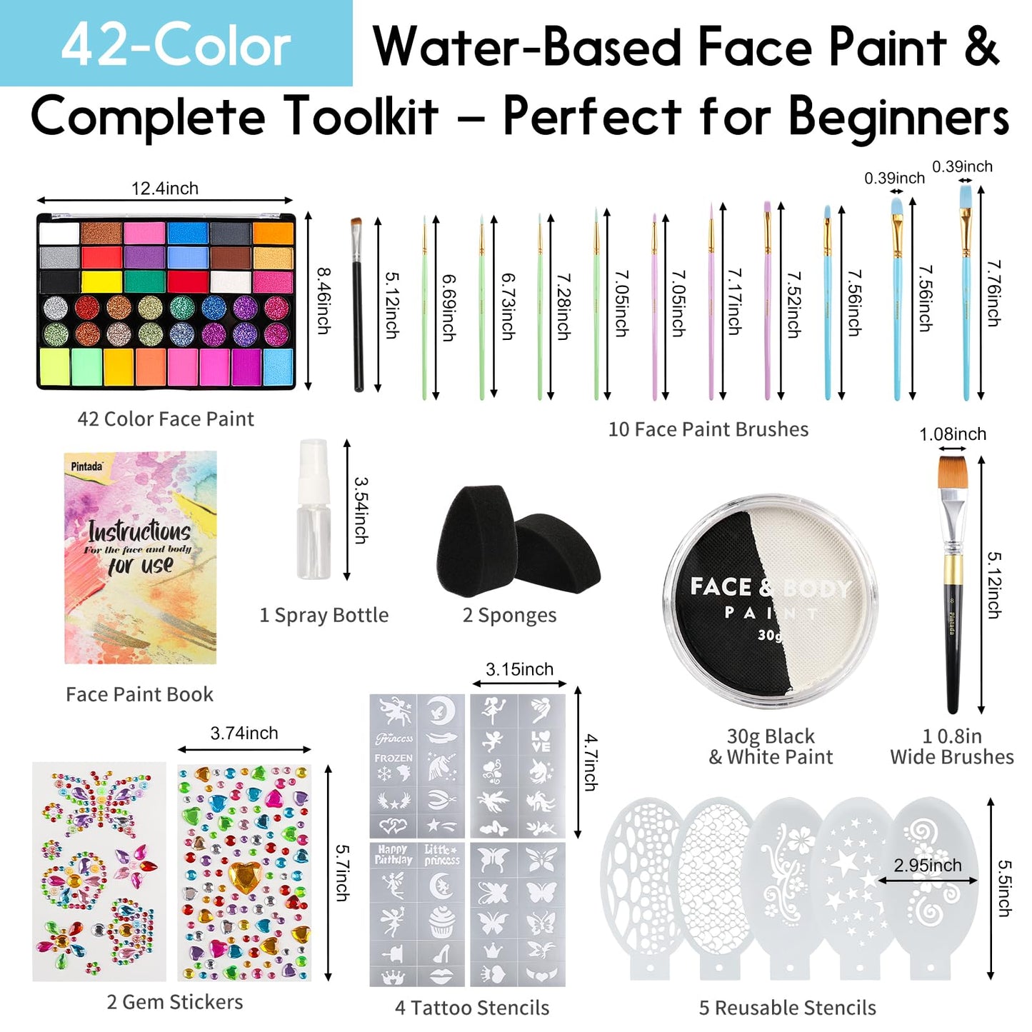 Pintada 42 Color Face Painting Kit for Kids +30g Black and White Face Paint - Non Toxic Water Based Face Paint Palette With Stencils, Brush, Gems. For Carnival, Halloween, Costume Makeup