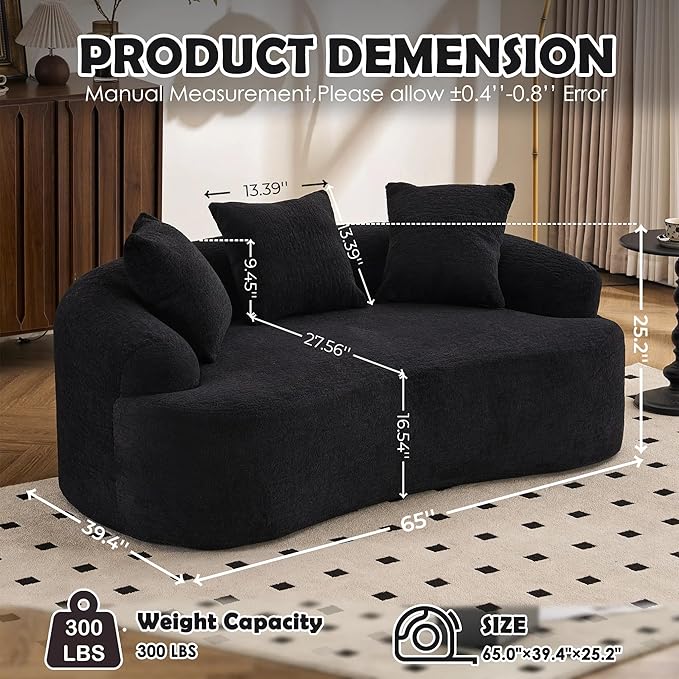65'' Modern Curved Cloud Loveseat Sectional Sofa for Small Spaces, Luxury Plush Chenille Deep Seat Couch with 3 Pillows, No Assembly Needed Apartment Living Room Furniture, Coral