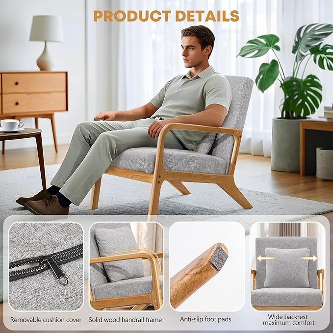 ELUCHANG Mid-Century Modern Accent Chair with Lumbar Pillow,Upholstered Armchair,Linen Fabric Comfy Reading Chair, Lounge Side Chair for Living Room Bedroom Apartment,Easy Assembly(Grey,2pcs)