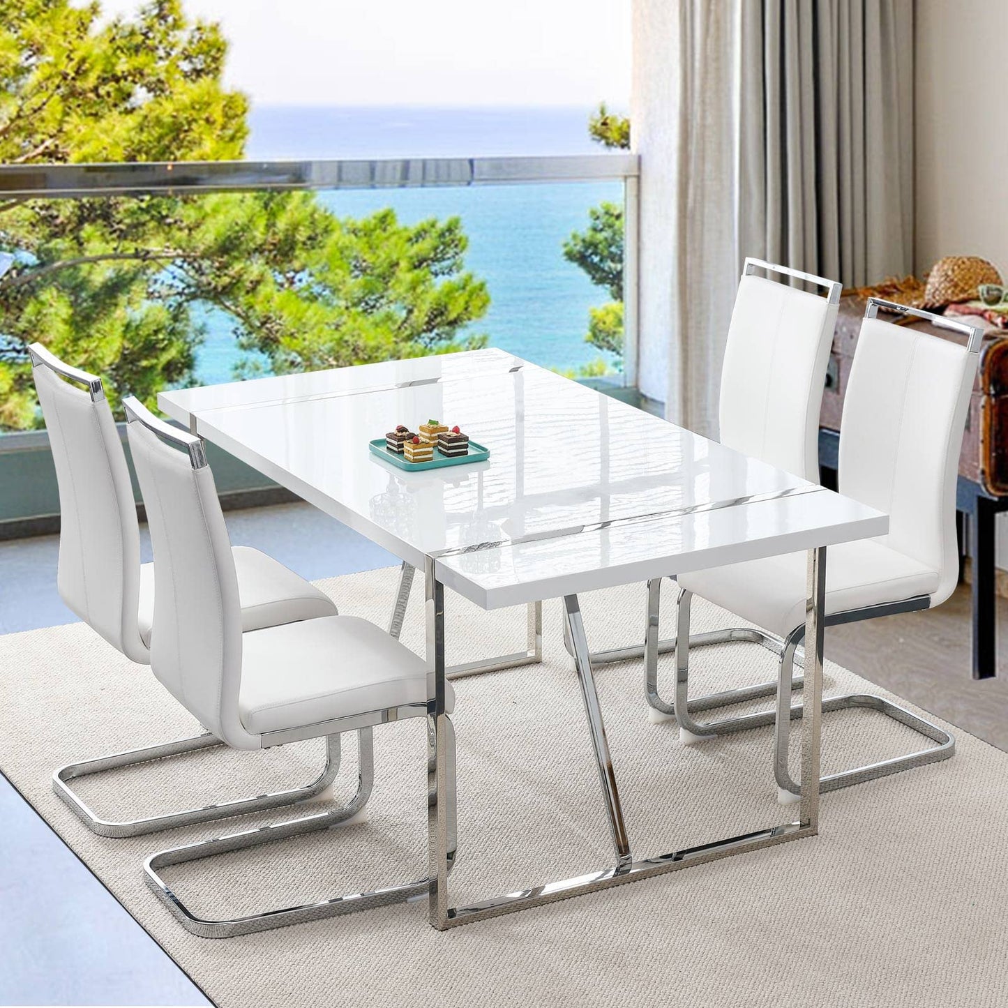 Dining Table Set for 4，White Rectangular MDF Kitchen Table and Leather Dining Chairs Set of 4, 5 Piece Dining Table Set，Modern Metal Frame Dining Room Table Set 4 with Metal Frame For Kitchen
