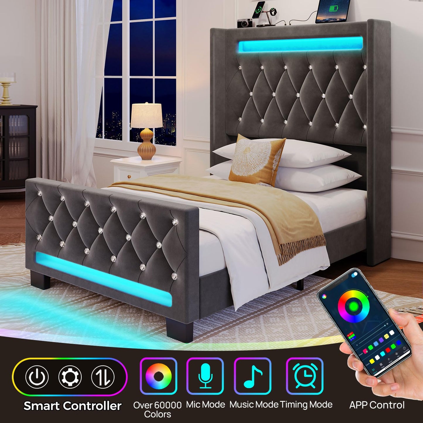 Rolanstar Twin Bed Frame with LED Light and Charging Station, Upholstered High Headboard and Footboard, Wood Slats, Noise Free, Easy Assembly, Grey