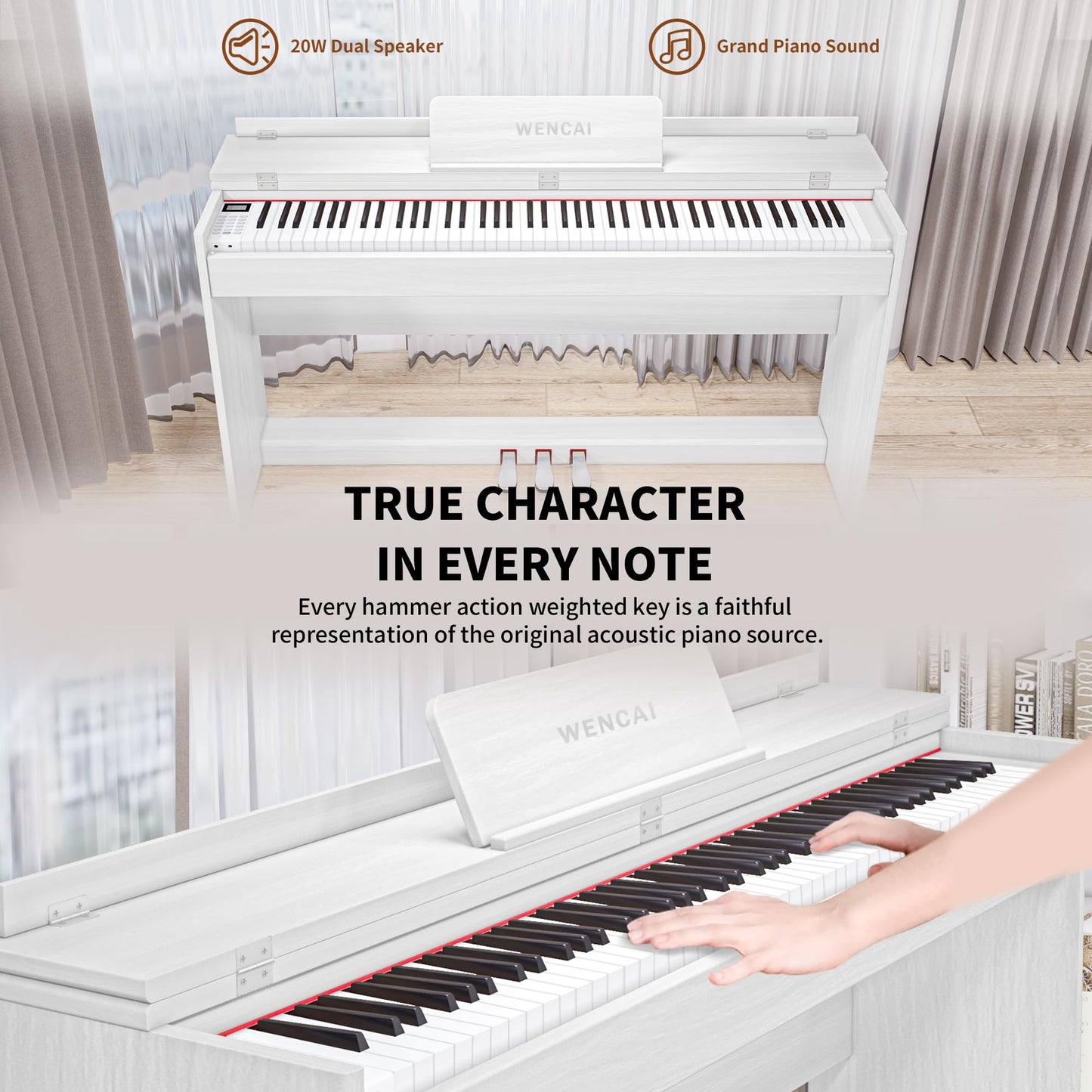 WENCAI 88 Key Fully Weighted Digital Piano Keyboard, 88 Keys Hammer Action Electric Pianos, Wooden Classic Upright Electronic Piano for Beginner, Professional, Midi Compatible, Triple Pedal (White)
