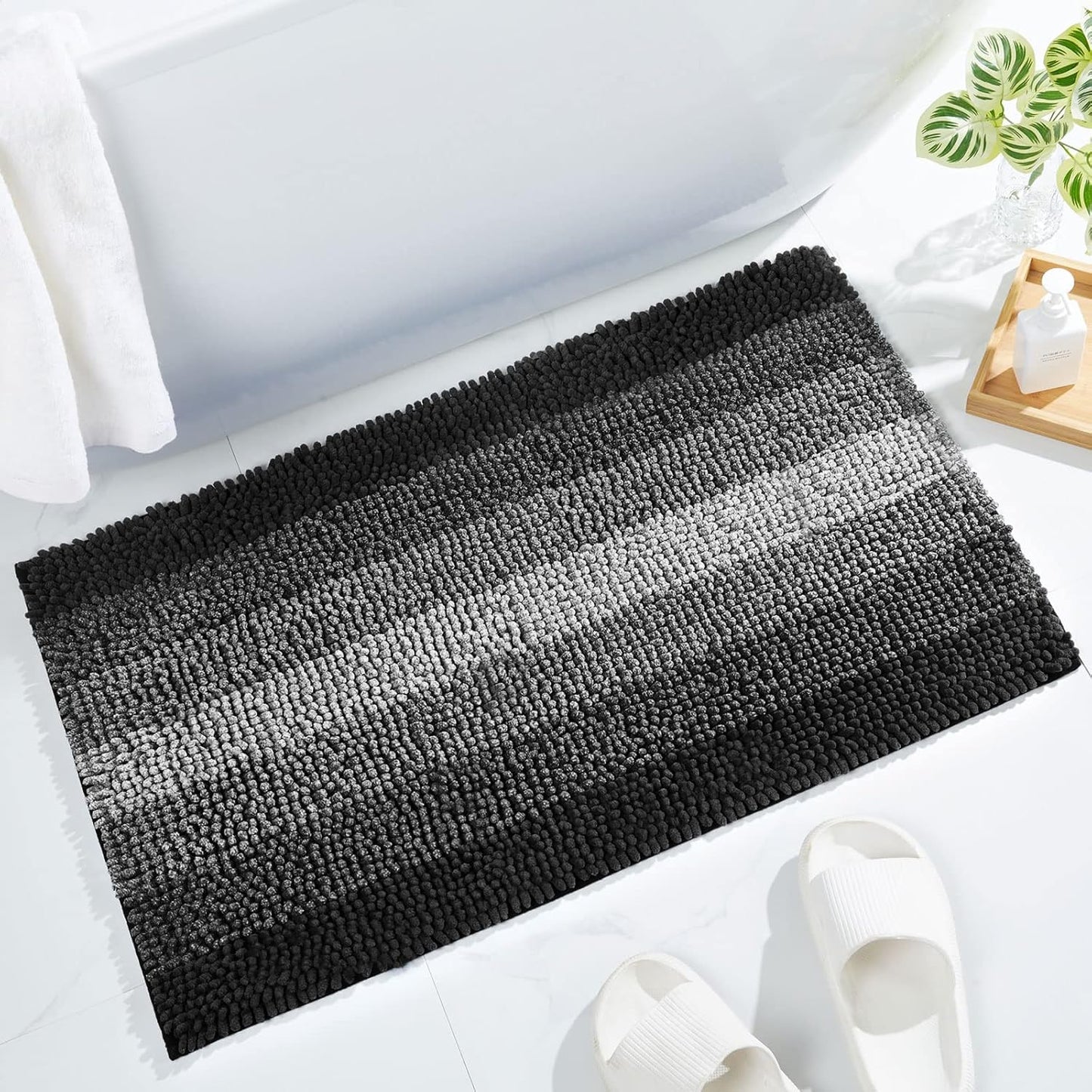 Gibelle Black Bathroom Rugs, Luxury Chenille Bath Mat, Small Non Slip Shower Rug and Bath Room Floor Mats, Machine Washable, Quick Dry Bathmat, Soft Cozy Plush Rug for Tub, 16" x 24"