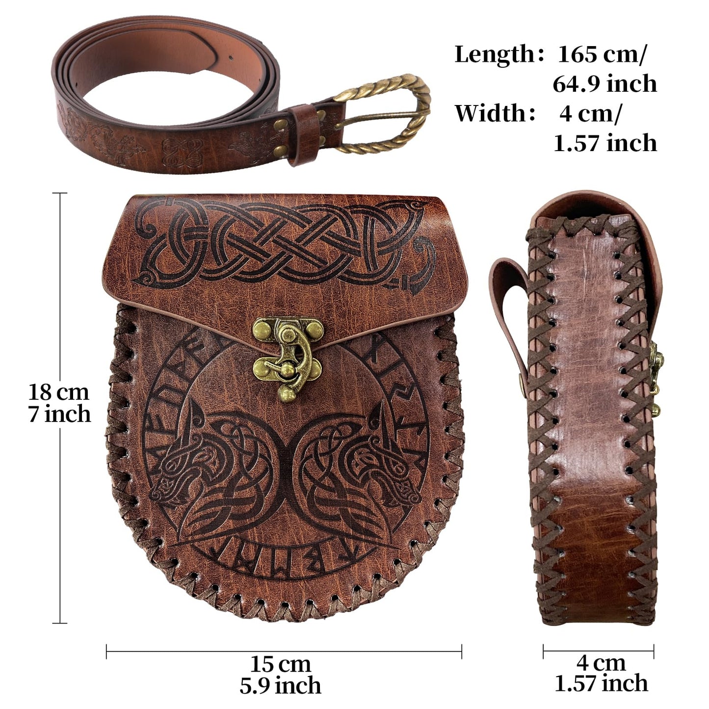HiiFeuer Viking Fenrir Embossed Buckle Belt and Bag Set, Vintage Faux Leather, Brown