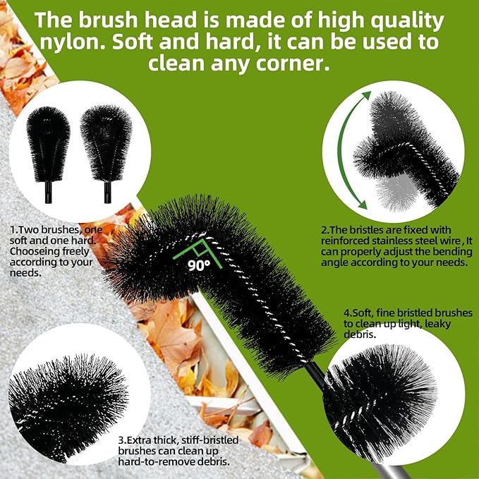 13 FT Gutter Cleaning Tool, Roof Gutter Brush, Clear Leaves from Roof Gutters Without a Ladder, Includes 2 Cleaning Brushes & Black
