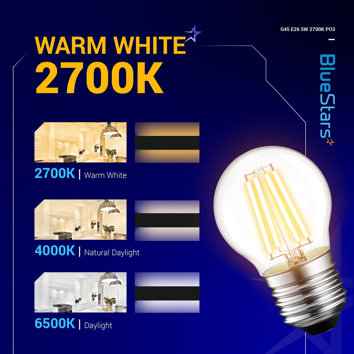 BlueStars G45 E26 Edison LED Filament Globe Bulb 120V 5W (60 Watt Equivalent), 2700K Warm White Light 550lm Non-Dimmable for Indoor Outdoor Holiday Home Decoration - 3 Packs