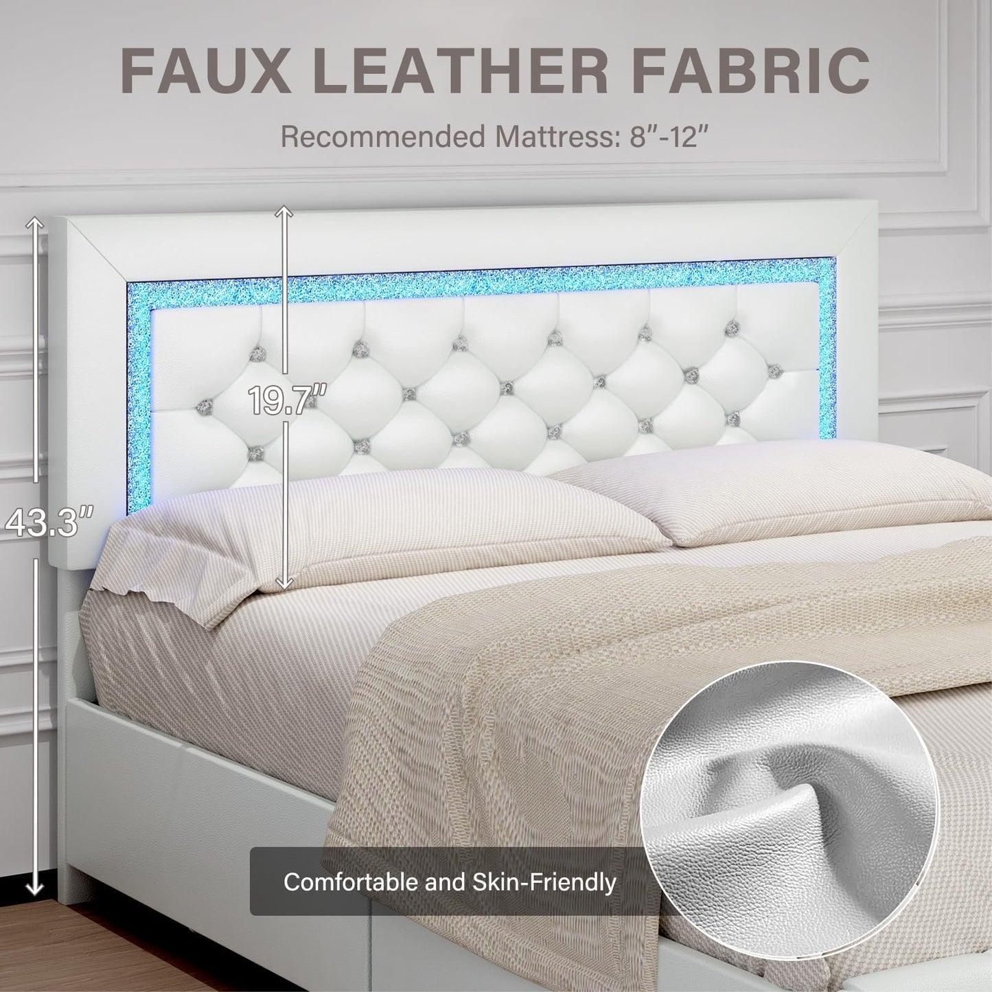 Full Size Bed Frame with LED Lights, Upholstered Bed Frame with Storage Drawers, Princess Platform Bed with Diamond Headboard and Footboard, No Box Spring Needed, White