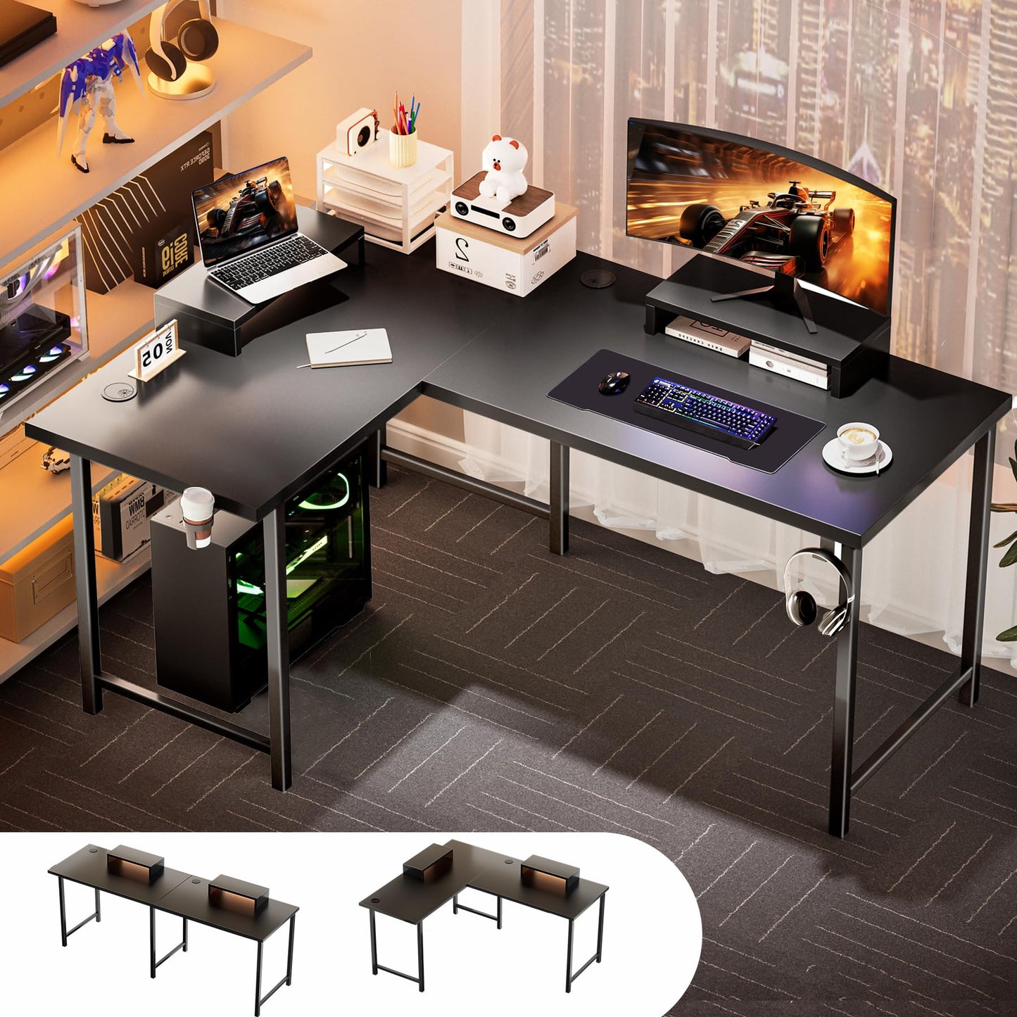 GTRACING L Shaped Gaming Desk 57", Reversible Computer Desk Compatible with Monitor Arm Corner Desk Gaming Table for Home Office Desks Easy to Assemble Ergonomic Corner Table with Durable Steel Frame