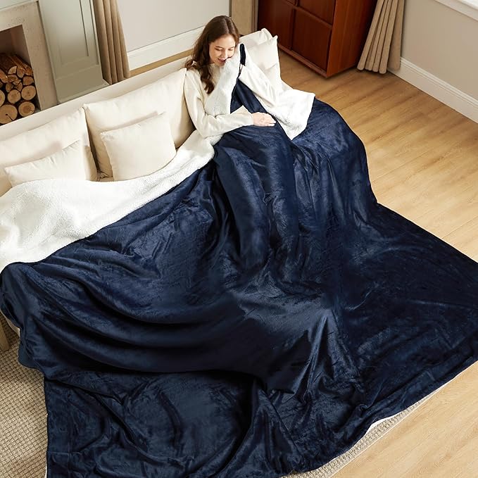 Bedsure GentleSoft Sherpa Fleece Oversized Cal King Blankets for Bed - Thick and Warm Throw for Women and Men, Soft Fuzzy Plush Large Blanket for Winter, Non-Heated, Navy, 112x98 Inches