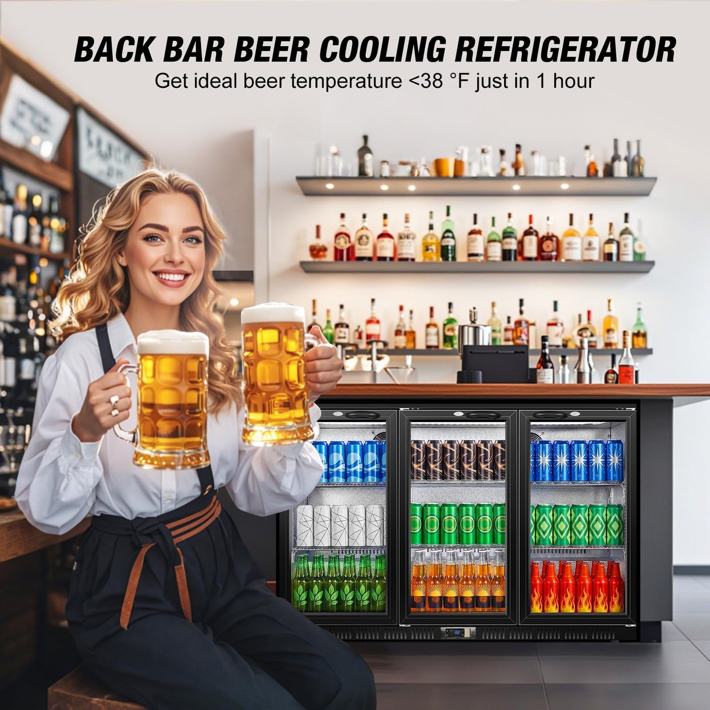 Beverage Refrigerator, 53.15W Inch 12 Cu.Ft Drink Fridge, Back Bar Beer Fridge with 3 Glass Door, 35.43" Height Beverage Cooler, Built-in & Undercounter Commercial Back Bar Cooler for Kitchen Shop Bar