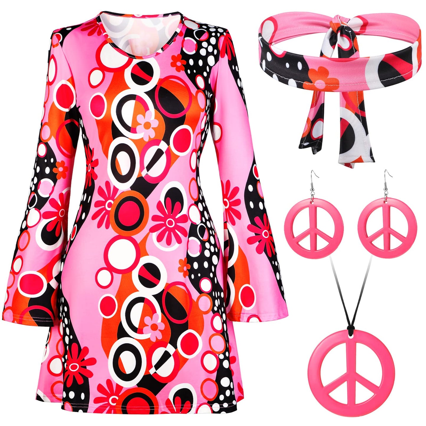 Haysandy 70s 60s Hippie Costume Set Women Disco Outfit Accessories for Halloween Carnival Earrings Necklace Headband(Medium)